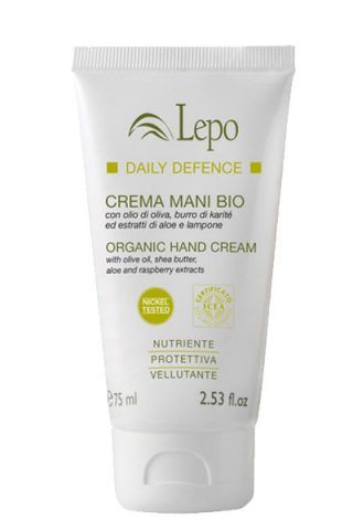 Crema mani bio di Lepo con olio d'oliva, burro di karité e estratti di aloe e lampone