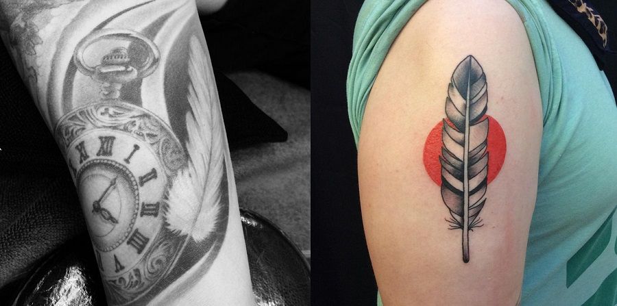 Tatuaggio con piuma, orologio e sole