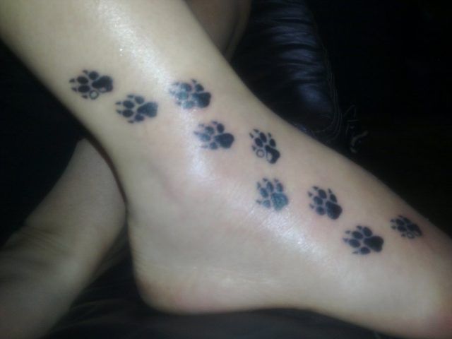 Tatuaggio dedicato ai cani con tante zampette sul piede e sul collo del piede