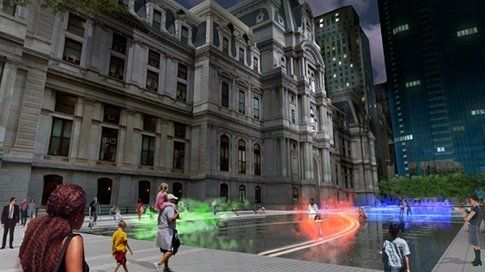 Rendering dell’istallazione a Piazza Dilworth, Philadelphia, di Janet Echelman