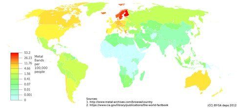 Mappa della distribuzione di band heavy metal nel mondo