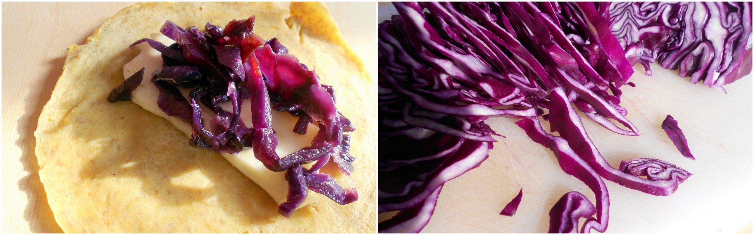 Crespelle integrali con verza viola e formaggio tenero