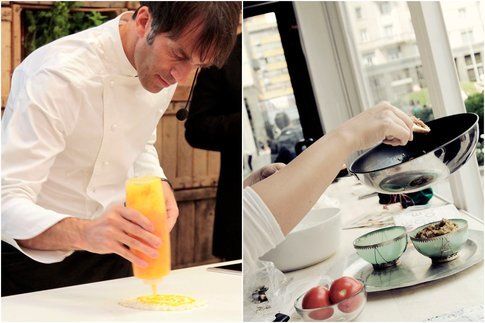 Lo chef Davide Oldani all'opera e altri momenti di live cooking