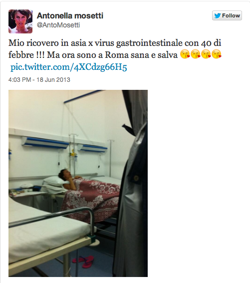 Antonella Mosetti è stata ricoverata in ospedale