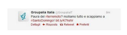 Il tweet di Groupalia sul terremoto