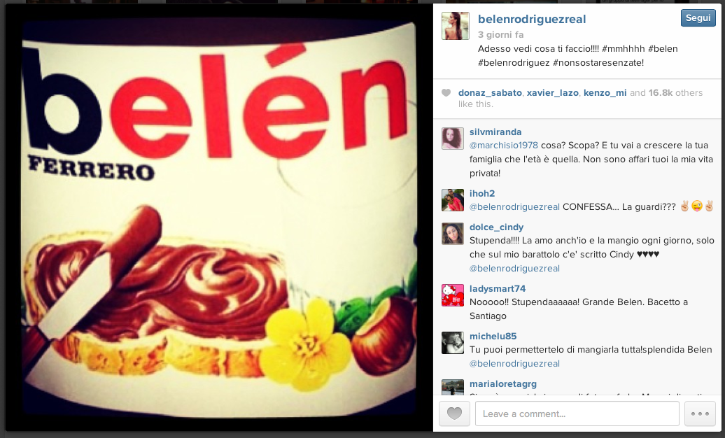 Belen adesso diventa un barattolo di Nutella