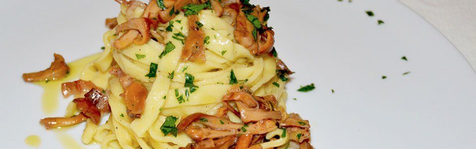 Stagione di funghi: fettuccine con galletti e guanciale senese