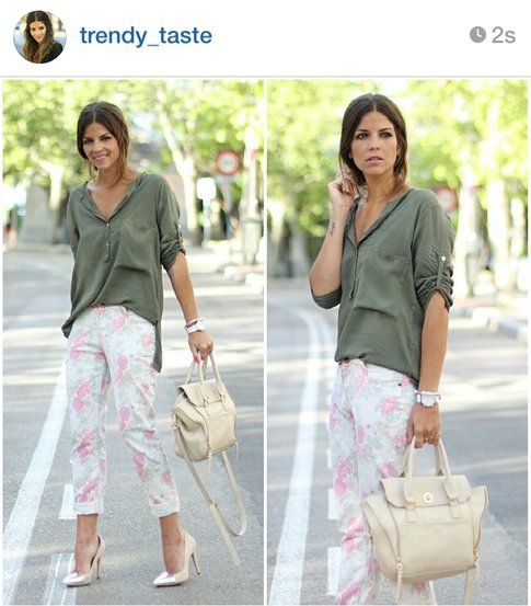 Look di Natalia: pantaloni chiari fiorati e camicia verde militare