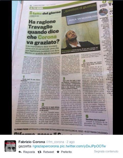 La Gazzetta parla della grazia di Fabrizio Corona