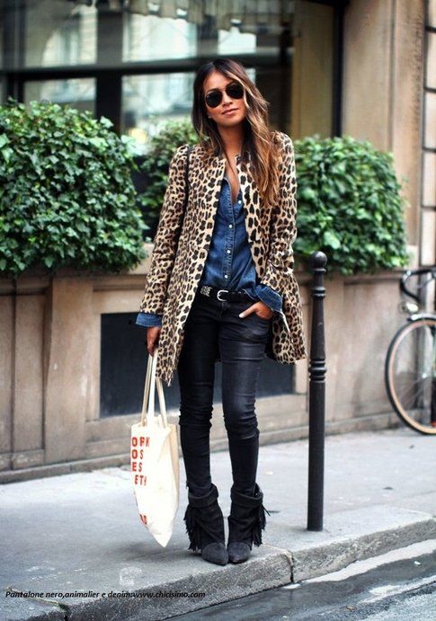 Pantalone nero + animalier + denim