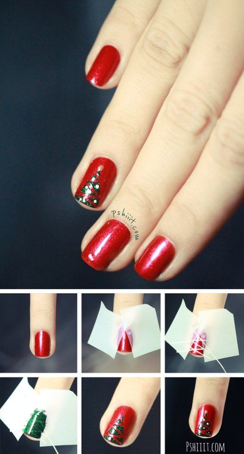 Nail art albero di natale sfondo rosso - Pinterest via Pshiit.com