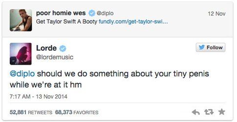 Tweet di Lorde in risposta a Diplo -via Twitter