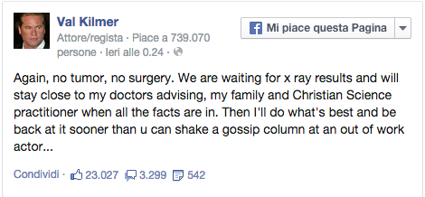 Val Kilmer su facebook: "Non sono malato di tumore"