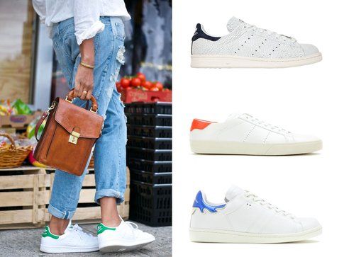 Sneakers bianche. Dall'alto: le sneakers di Adidas, Isabel Marant e Saint Laurent