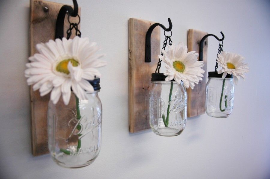 beauteous-white-annuals-in-clear-mason-jar-glass-with-black-copper-and-wood-hang-on-white-wall-painting-stunning-diy-wall-vase-interior-decoration