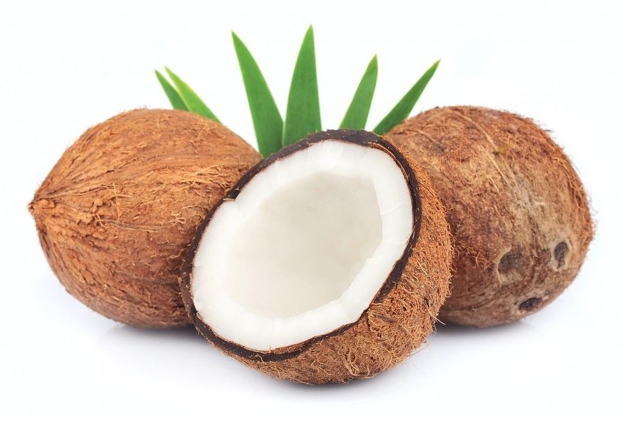 Coconut with leaves on a white background