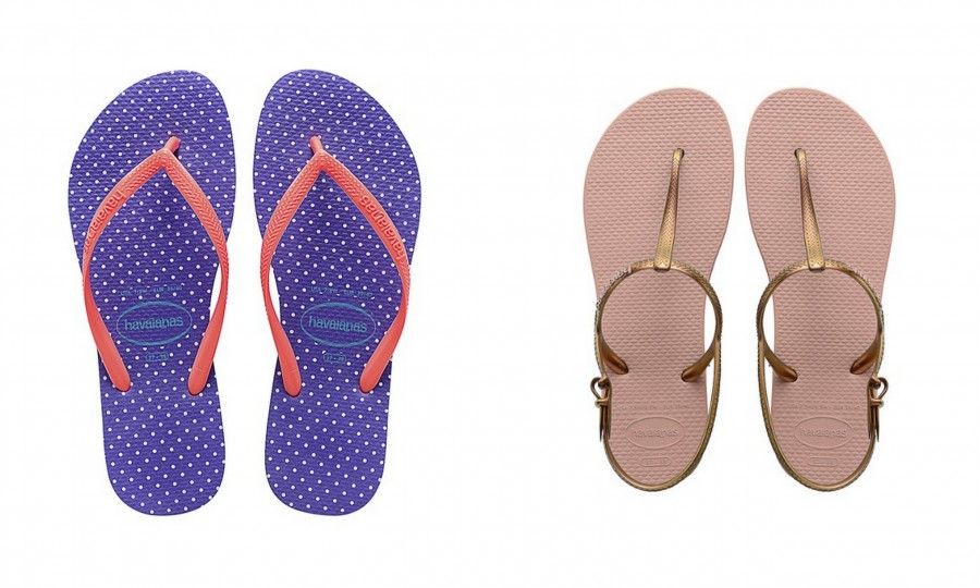 Havaians super colorate a pois viola e bianchi e infradito dorate con chiusura sul tallone