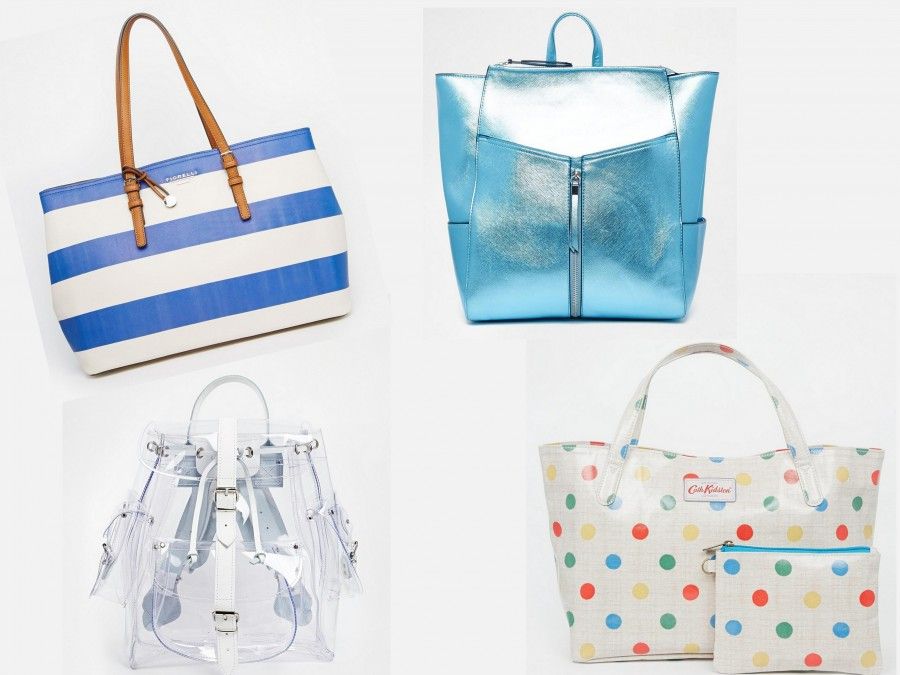 Borse da mare coloratissime ( Shopping Bag Fiorelli a righe 56€, zainetto New Look effetto metallizzato 19€, Grafea Zaino trasparente 154€,  Maxi borsa piccola con pois colorati di Cath Kidston 35€)