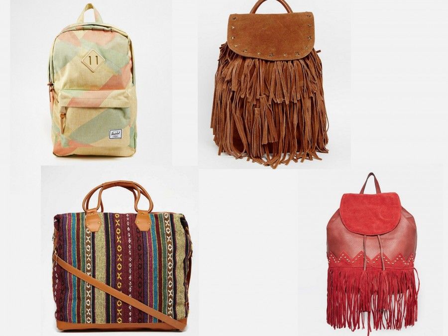 Hippie style da spiaggia ( Zaino rosso con frange di Liquorish 52€, Park Lane borsa da viaggio in tessuto e cuoio 48€, Maison Scotch zaino in pelle con nappe 98€, - Zaino stampato in colori naturali di Herschel Supply Co - Heritage 41€).