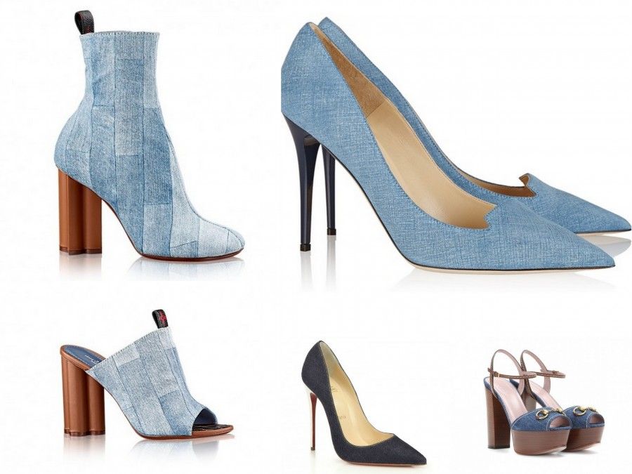 Scarpe con tessuto denim per Louis Vuitton (stivaletti e sabot), Louboutin (decollete) e Gucci (sandali)