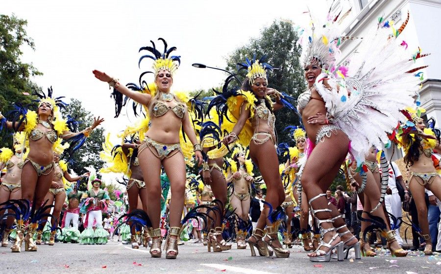 Entertainers taking part in a parade at the Notting Hill carnival.