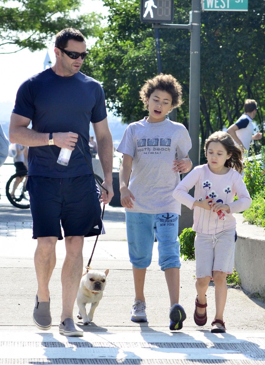 Actor Hugh Jackman was spotted enjoying Father's Day with his two kids, Ava and Oscar Jackman, to the park with their dog in New York, New York on June 17, 2012.