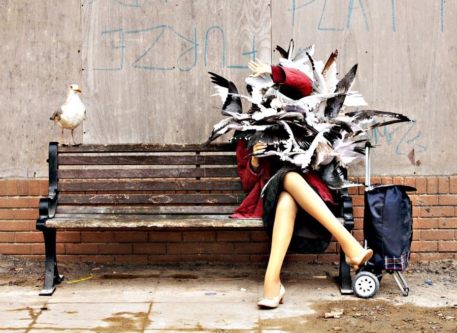 Banksy's Dismaland preview...A woman attacked by seagulls piece by Banksy, during the press view for the artist s biggest show to date, entitled 'Dismaland', at Tropicana in Western-super-Mare, Somerset. PRESS ASSOCIATION Photo. Picture date: Thursday August 20, 2015. Photo credit should read: Yui Mok/PA Wire