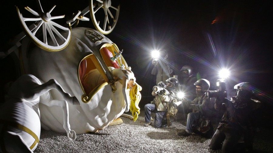 Banksy's Dismaland preview. A Cinderella piece by Banksy during the press view for the artistâÂ€Â™s biggest show to date, entitled 'Dismaland', at Tropicana in Western-super-Mare, Somerset. Picture date: Thursday August 20, 2015. Photo credit should read: Yui Mok/PA Wire URN:23864275