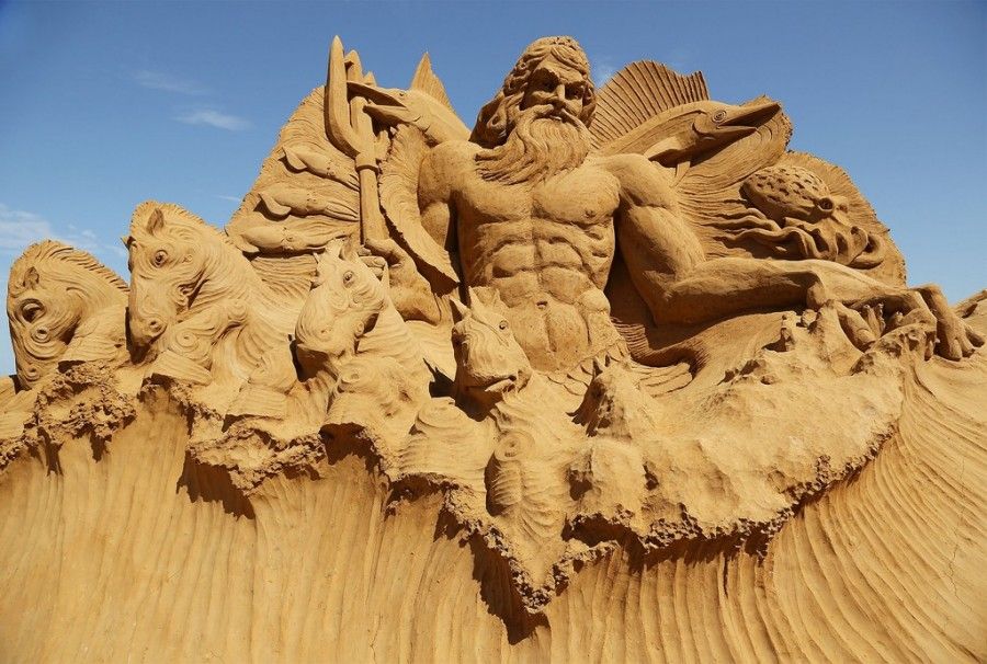 MELBOURNE, AUSTRALIA - JANUARY 05:  A sand sculpture entitled "Poseidon" carved by Martijn Rijerse and Hanneke Supply is seen at the Under the Sea sand sculpture exhibition at the Frankston waterfront on January 5, 2013 in Melbourne, Australia. Sand sculptures created by a team of Australian and international artists will be on display until April 28, 2013.  (Photo by Graham Denholm/Getty Images)