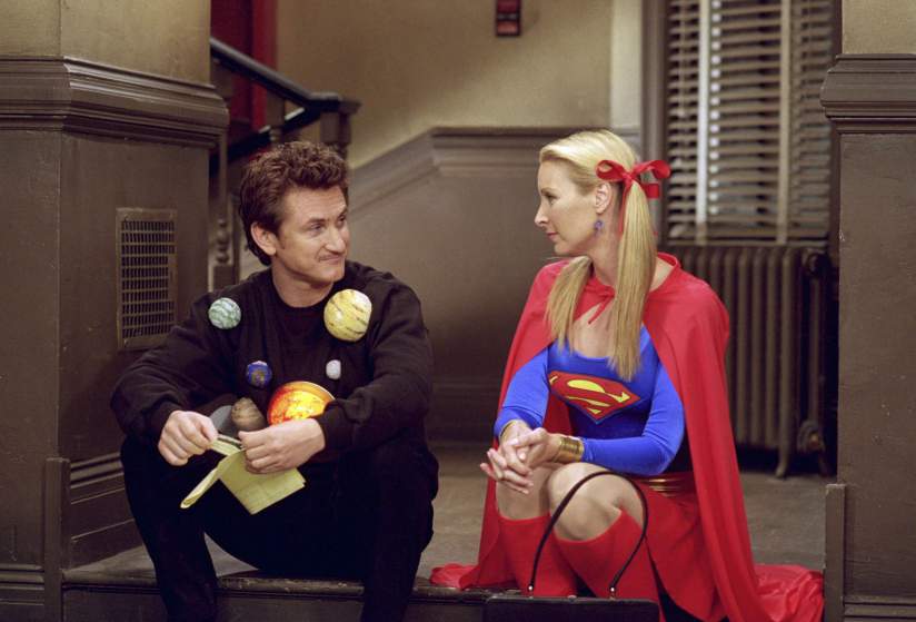 FRIENDS -- "The One with the Halloween Party" -- Epsiode 6 -- Aired 11/1/2001 -- Pictured: (l-r) Sean Penn as Eric as "The Solar System", Lisa Kudrow as Phoebe Buffay as "Supergirl" -- Photo by: NBCU Photo Bank