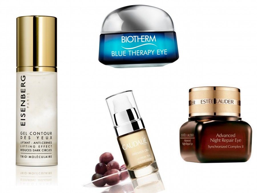 Eisenberg Gel Contour Des Yeux, Premier Cru crema occhi di Caudaliè, Blue Therapy Occhi di Biotherm, Advanced Night Repair di Estèe Lauder