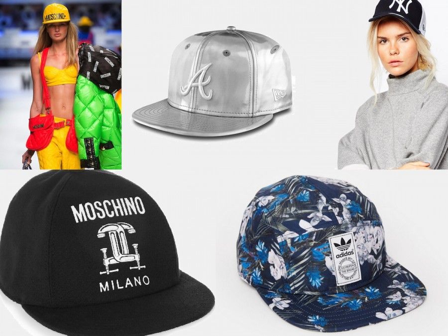 Modelli Snapback di Moschino, Adidas, New Era in nero (sulla modella) e in argento (modelllo Chrown Shine Atlanta Braves) 