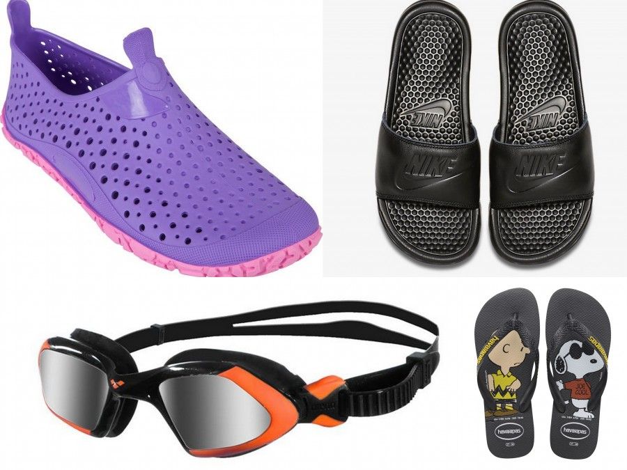 Sandalini di Decathlon, Ciabatte Nike, Ciabatte Havaianas e occhialini Viper di Arena