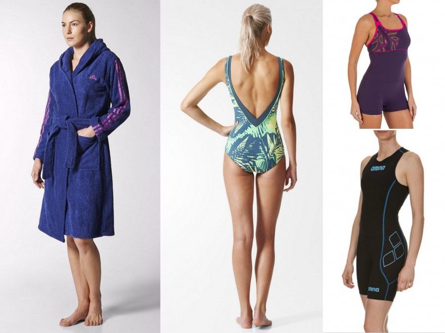 Accappatoio e costume con fantasia verde e gialla Adidas, Body nero e Blu per Triathlon di Arena e costume con hotpants di Decathlon