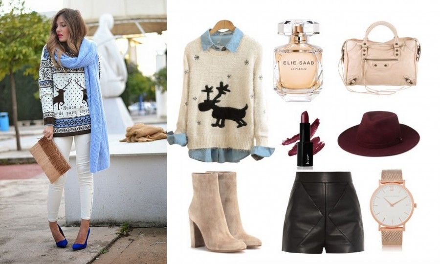 L'outfit per un aperitivo natalizio? Maglioncino con le renne, shorts in pelle, stivaletti e cappello