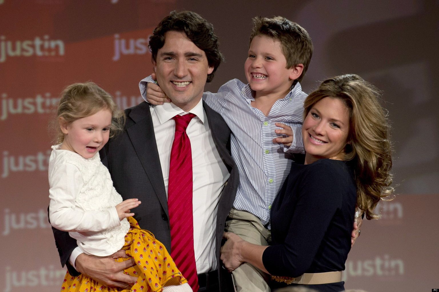Justin Trudeau, his wife Sophie Gregoire and their children Xavier and Ella-Grace celebrate after he won the Federal Liberal leadership Sunday April 14, 2013 in Ottawa. THE CANADIAN PRESS/Adrian Wyld