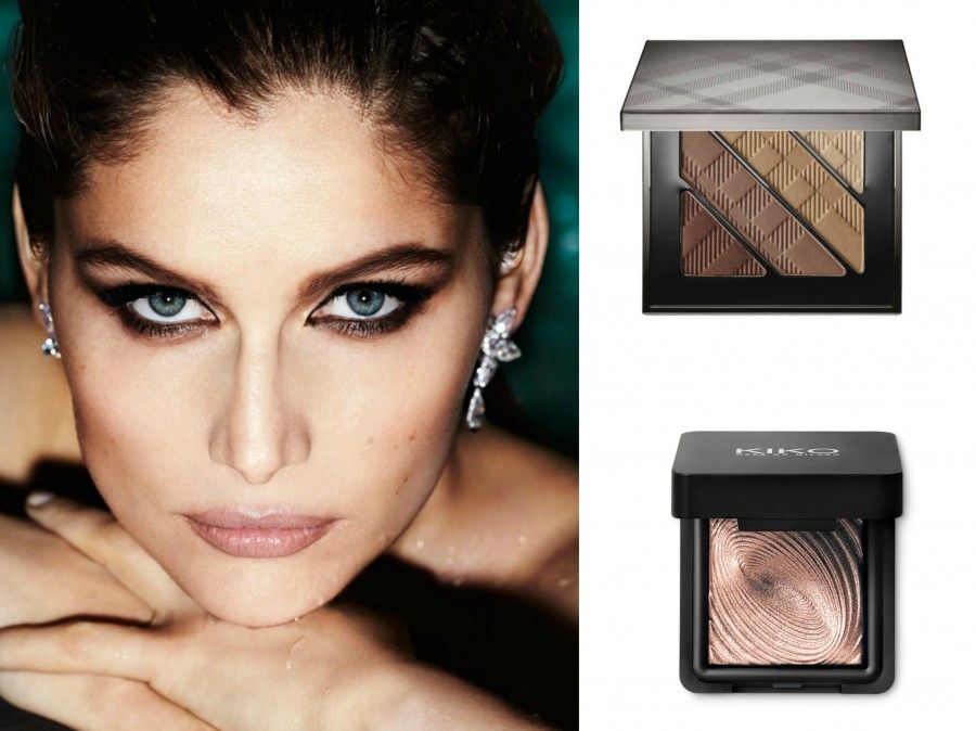 Laetitia Casta, palette ombretti Burberry e ombretto dorato Kiko.