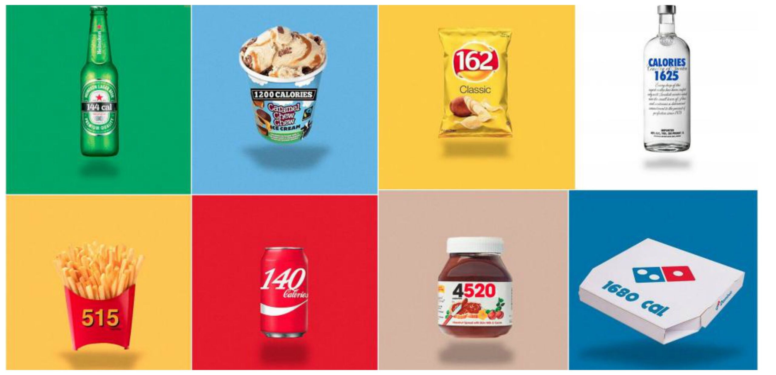 I loghi alimentari ridisegnati con il conteggio delle calorie
