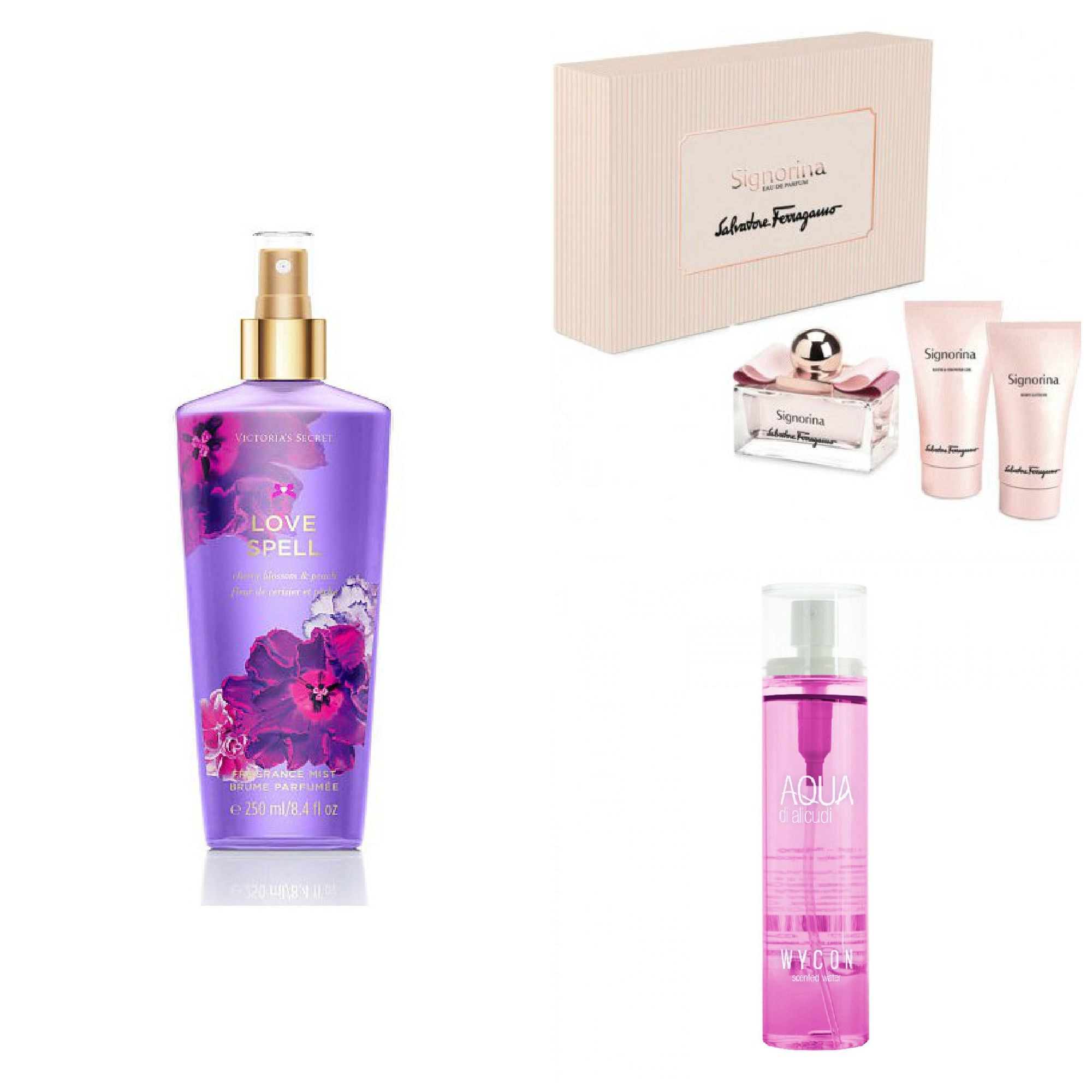 Victoria's secret love spell body mist; Wjcon body mist Alicudi; Salvatore Ferragamo Signorina Body mist 