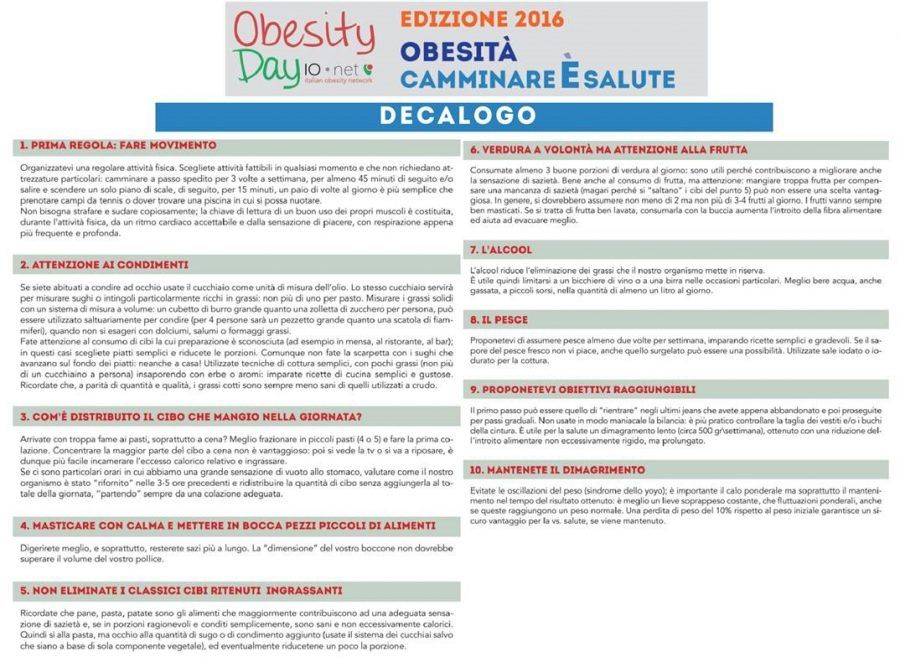 Il decalogo dell'Obesity Day 2016 per restare in forma