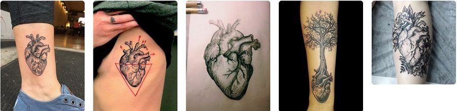 Diversi disegni di tatuaggi col cuore anatomico