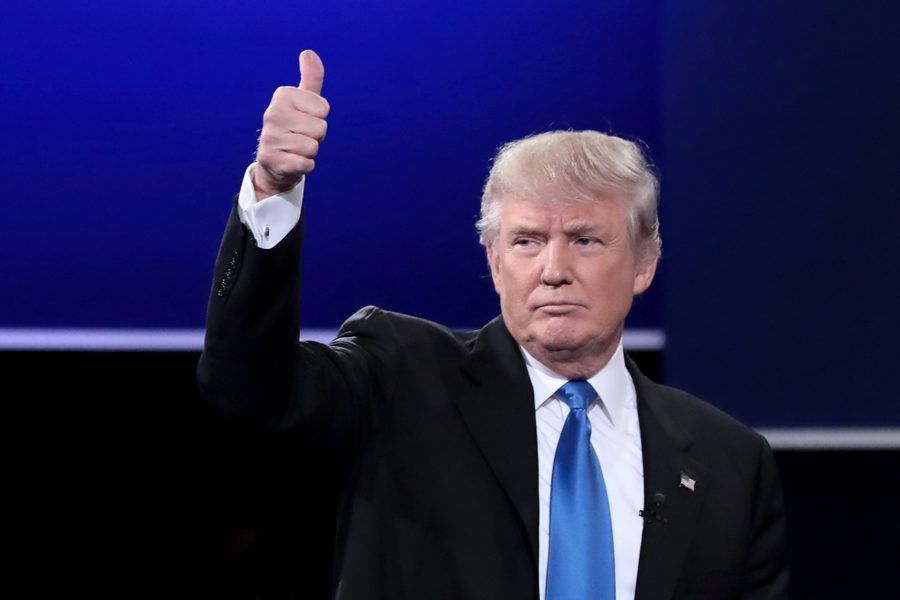 HEMPSTEAD, NY - SEPTEMBER 26: Republican presidential nominee Donald Trump waves after the Presidential Debate with Democratic presidential nominee Hillary Clinton at Hofstra University on September 26, 2016 in Hempstead, New York. The first of four debates for the 2016 Election, three Presidential and one Vice Presidential, is moderated by NBC's Lester Holt. (Photo by Drew Angerer/Getty Images)