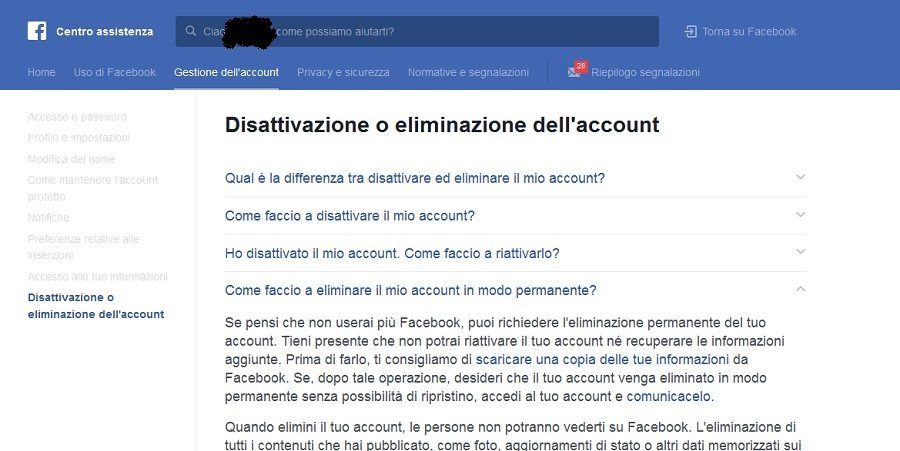 Cancellare l'account di Facebook