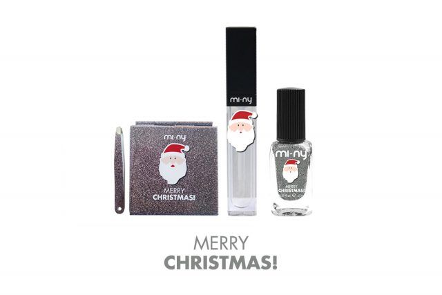 Mi-NY, Kit bag Christmas, con specchietto e pinzetta, 12.90 euro. Mi-NY, lucidalabbra, 10.90 euro. Mi-NY, Smalto Christmas Collection, 6.90 euro.