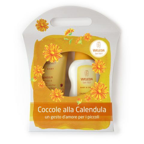 Weleda Delicatezze per il bambino: coccole di Calendula, con babywash corpo e capelli, crema fluida. 23 euro.