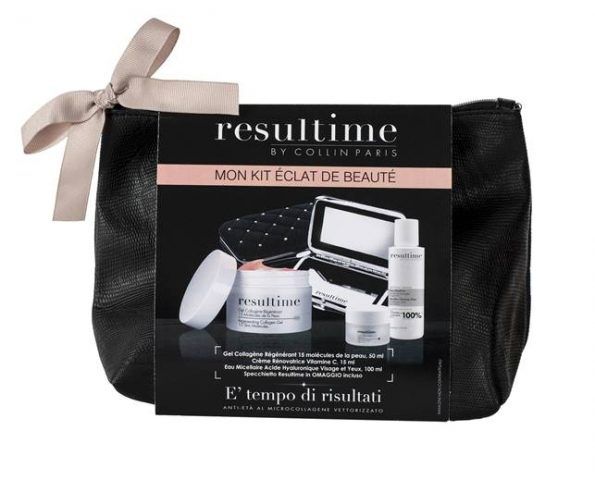 Resultime, La Christmas Beauty – Routine Rinnovatrice per pelli più giovani, comprende il Gel Collagène Régénérant nel formato di 50ml, La Crème Rénovatrice Vitamine C di Resultime nel formato 15ml e l’ Acqua Micellare Acido Ialuronico.