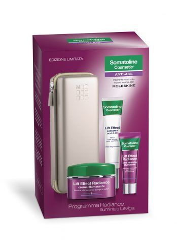 Somatoline Cosmetics anche per Natale 2016 rinnova la collaborazione con Moleskine, proponendo il programma Radiance, che illumina e leviga con crema, contorno occhi e siero, con una pochette da usare come porta trucco.