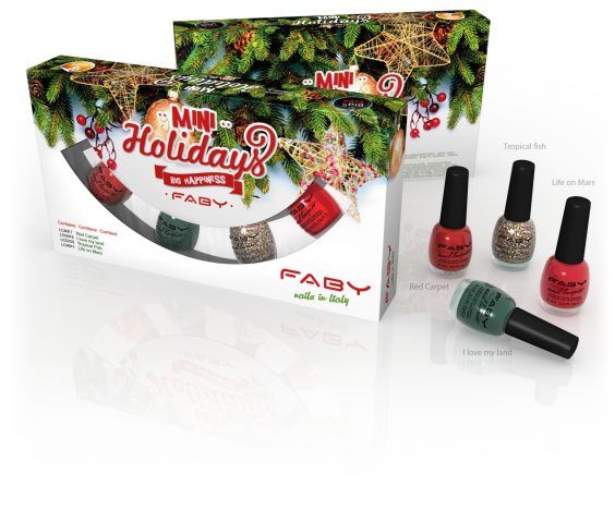 Faby, Holydays Kit con quattro smalti (Red Carpet: rosso, I Live my Land: verde, Tropical Fish: dorato glitterato, Life on Mars: rosso brillante). 17.50 euro.