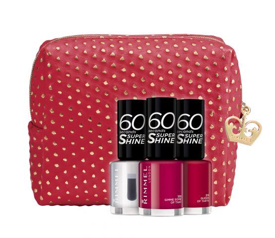Rimmel Christmas Collection 2016 Limited Edition, Super Shine Kit: pochette rossa con pois dorati con trio di smalti (trasparente, Red Queen of Tarts, Fucsia Gimme some of that). 6.90 euro.