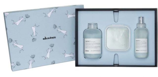 Minu Kit di Davines per capelli colorati, con shampoo, conditioner, hair serum. 50 euro.
